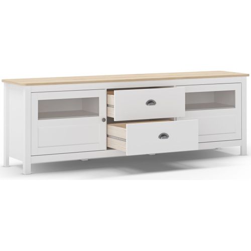 Meuble TV 2 Portes 2 Tiroirs En Bois Massif Blanc 180 Cm - Macha