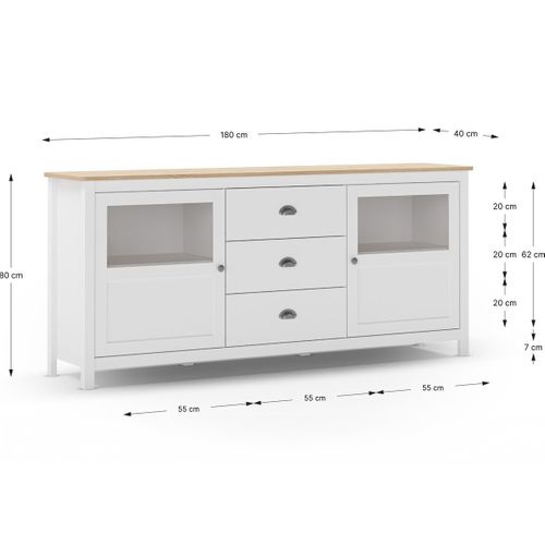 Buffet 2 Portes 3 Tiroirs En Bois Massif Blanc 180 Cm - Macha