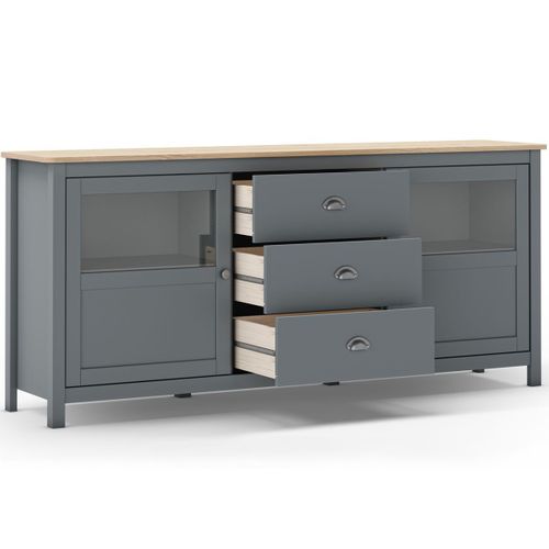 Buffet 2 Portes 3 Tiroirs En Bois Massif Vert Kaki 180 Cm - Macha