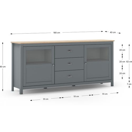 Buffet 2 Portes 3 Tiroirs En Bois Massif Vert Kaki 180 Cm - Macha