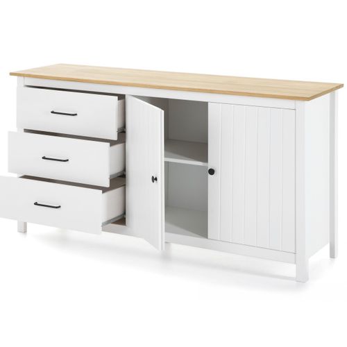 Buffet 2 Portes 3 Tiroirs En Bois Massif Blanc 150 Cm - Ida