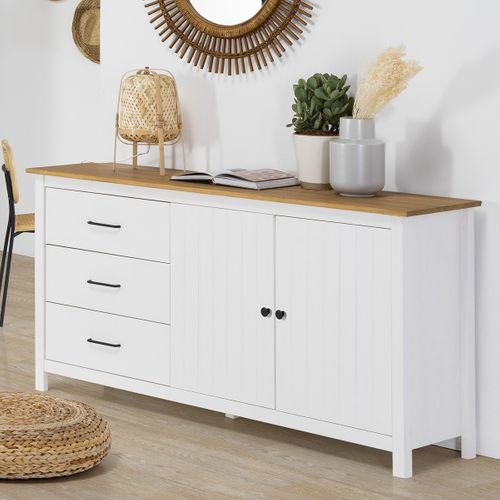 Buffet 2 Portes 3 Tiroirs En Bois Massif Blanc 150 Cm - Ida