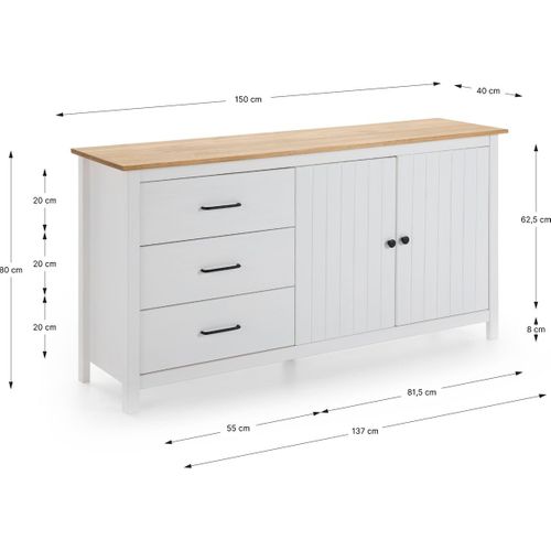 Buffet 2 Portes 3 Tiroirs En Bois Massif Blanc 150 Cm - Ida