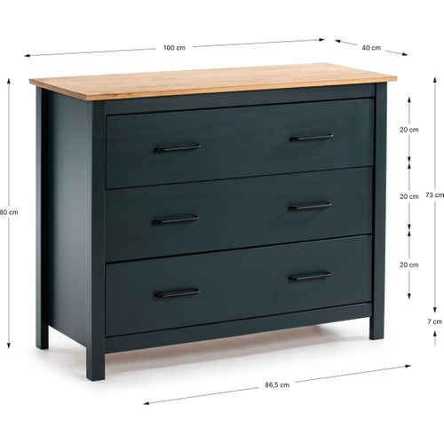 Commode 3 Tiroirs En Bois Massif Bleu 100 Cm - Ida