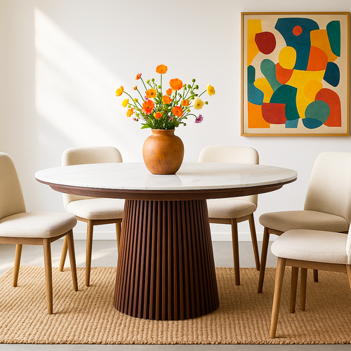 Table à Manger Ronde Extensible En Céramique Effet Marbre Et Bois Foncé 6/8 Places 120/200 Cm - Ada