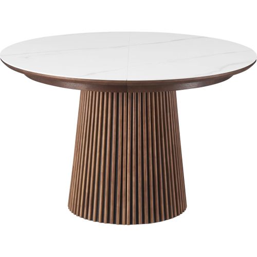 Table à Manger Ronde Extensible En Céramique Effet Marbre Et Bois Foncé 6/8 Places 120/200 Cm - Ada