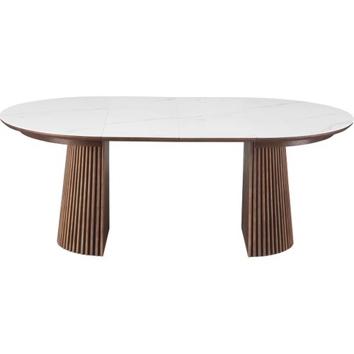 Table à Manger Ronde Extensible En Céramique Effet Marbre Et Bois Foncé 6/8 Places 120/200 Cm - Ada