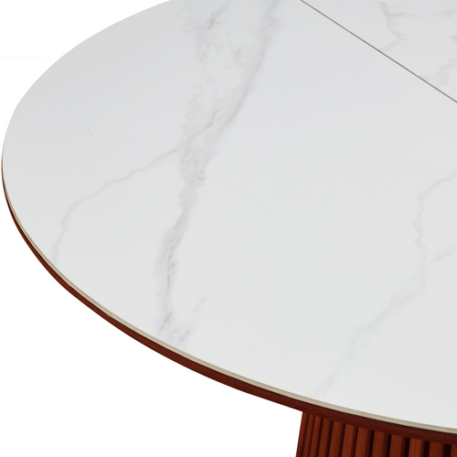 Table à Manger Ronde Extensible En Céramique Effet Marbre Et Bois Foncé 6/8 Places 120/200 Cm - Ada