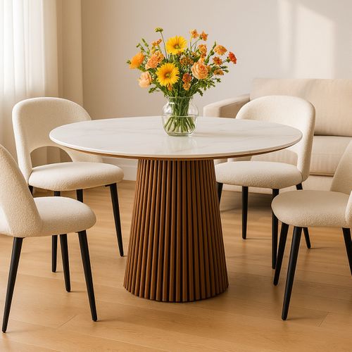 Table à Manger Ronde En Céramique Effet Marbre Et Bois Foncé 6 Places Ø120 Cm - Ada