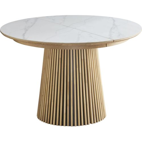 Table à Manger Ronde Extensible En Céramique Effet Marbre Et Bois Clair 6/8 Places 120/200 Cm - Ada