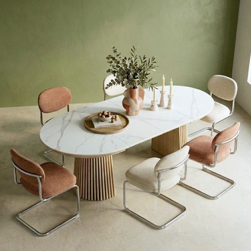 Table à Manger Ronde Extensible En Céramique Effet Marbre Et Bois Clair 6/8 Places 120/200 Cm - Ada