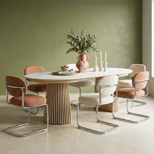 Table à Manger Ronde Extensible En Céramique Effet Marbre Et Bois Clair 6/8 Places 120/200 Cm - Ada