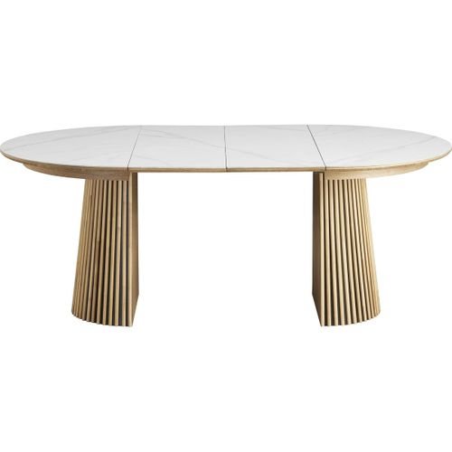 Table à Manger Ronde Extensible En Céramique Effet Marbre Et Bois Clair 6/8 Places 120/200 Cm - Ada