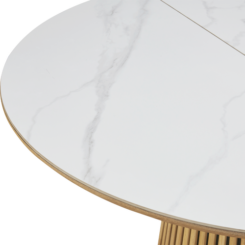 Table à Manger Ronde Extensible En Céramique Effet Marbre Et Bois Clair 6/8 Places 120/200 Cm - Ada