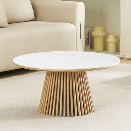 Table Basse Ronde Plateau En Céramique Effet Marbre Et Bois Clair Ø80 Cm - Ada