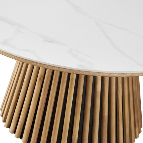 Table Basse Ronde Plateau En Céramique Effet Marbre Et Bois Clair Ø80 Cm - Ada