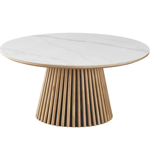 Table Basse Ronde Plateau En Céramique Effet Marbre Et Bois Clair Ø80 Cm - Ada