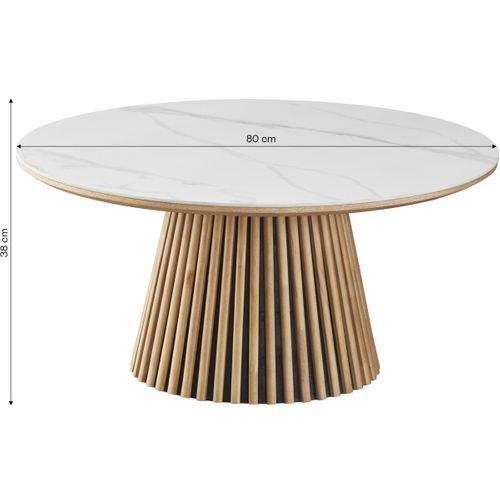 Table Basse Ronde Plateau En Céramique Effet Marbre Et Bois Clair Ø80 Cm - Ada