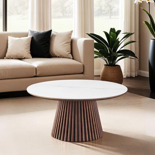 Table Basse Ronde Plateau En Céramique Effet Marbre Et Bois Foncé Ø80 Cm - Ada