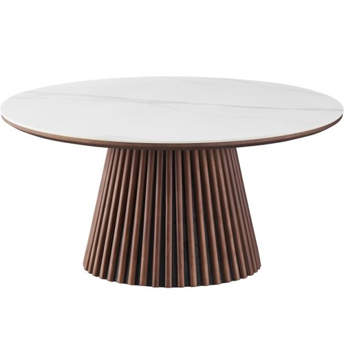 Table Basse Ronde Plateau En Céramique Effet Marbre Et Bois Foncé Ø80 Cm - Ada