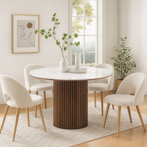 Table à Manger Ronde En Céramique Effet Marbre Et Noyer 6 Places D.120 Cm - Mira