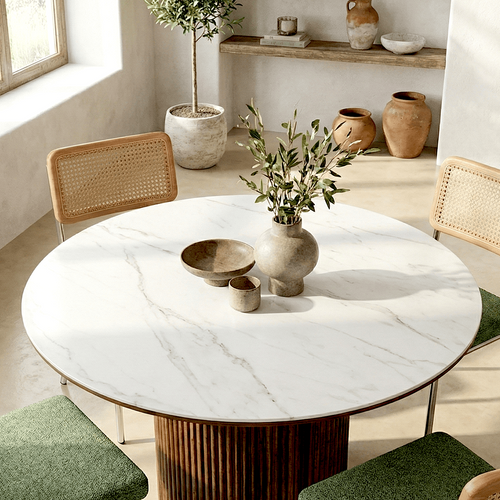 Table à Manger Ronde En Céramique Effet Marbre Et Noyer 6 Places D.120 Cm - Mira