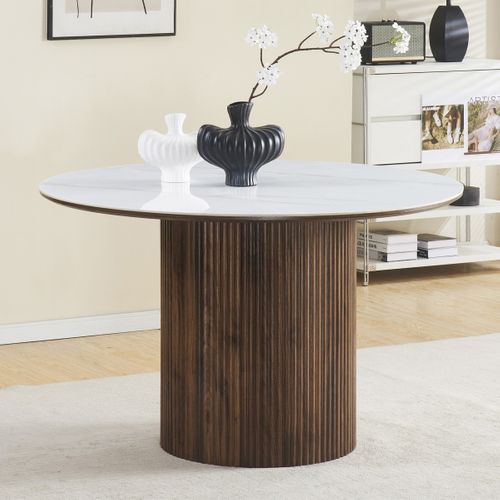 Table à Manger Ronde En Céramique Effet Marbre Et Noyer 6 Places D.120 Cm - Mira