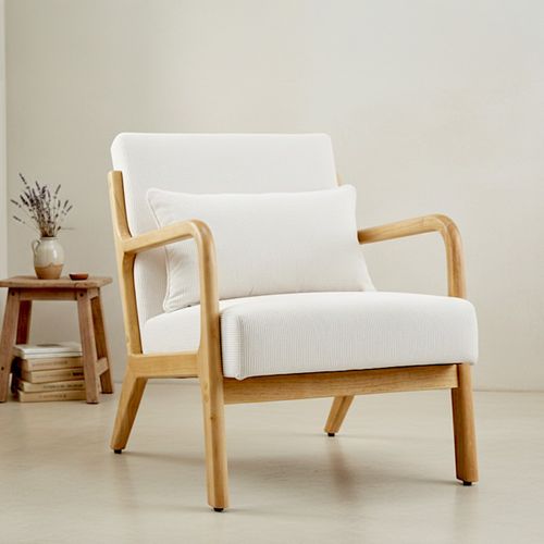 Fauteuil En Bois Et Velours Fines Côtes Beige - Lanna