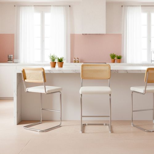 Lot De 2 Tabourets De Bar En Cannage Et Tissu Bouclé Beige - Muse