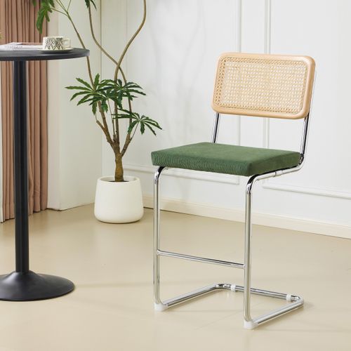 Lot De 2 Tabourets De Bar En Cannage Et Velours Côtelé Vert Kaki - Muse