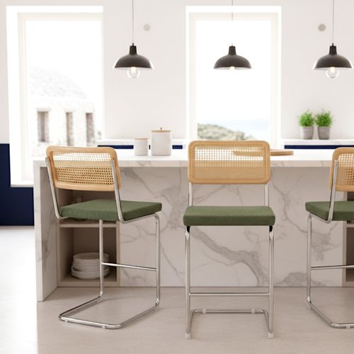 Lot De 2 Tabourets De Bar En Cannage Et Velours Côtelé Vert Kaki - Muse