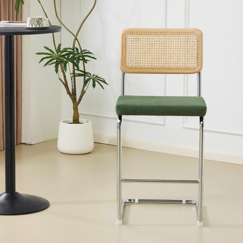 Lot De 2 Tabourets De Bar En Cannage Et Velours Côtelé Vert Kaki - Muse