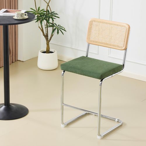 Lot De 2 Tabourets De Bar En Cannage Et Velours Côtelé Vert Kaki - Muse