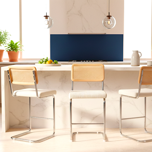 Lot De 2 Tabourets De Bar En Cannage Et Velours Côtelé Beige - Muse