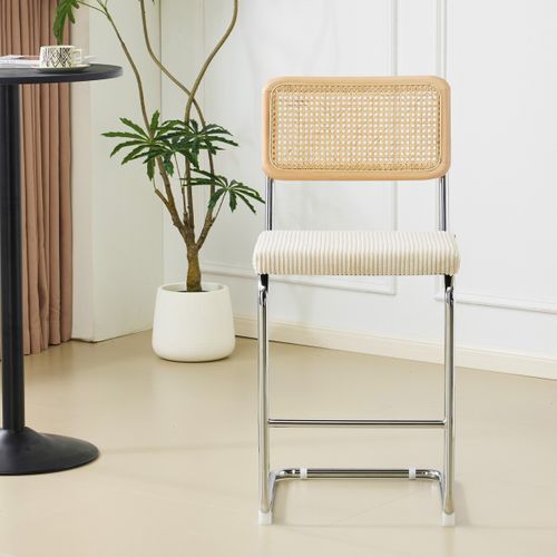 Lot De 2 Tabourets De Bar En Cannage Et Velours Côtelé Beige - Muse