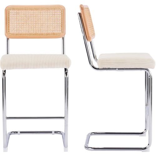 Lot De 2 Tabourets De Bar En Cannage Et Velours Côtelé Beige - Muse