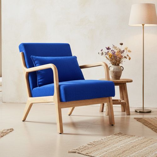Fauteuil En Bois Et Velours Côtelé Bleu Électrique - Lanna