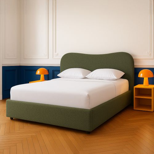 Lit Coffre Adulte 160x200 Cm Avec Tête De Lit Matelassée En Tissu Bouclé Vert - Suzon