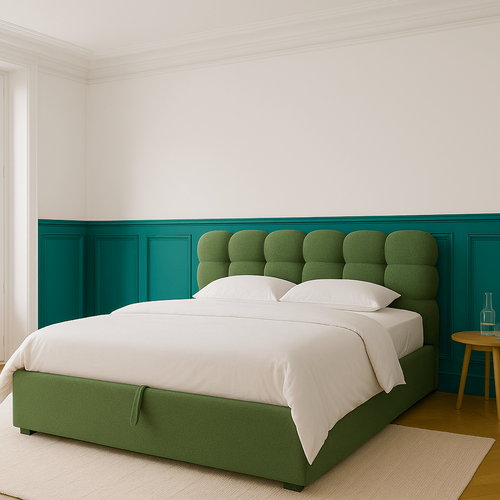 Lit Coffre Adulte 140x190 Cm Avec Sommier Et Tête De Lit Capitonnée En Tissu Bouclé Vert - Lola