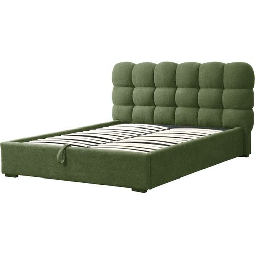 Lit Coffre Adulte 140x190 Cm Avec Sommier Et Tête De Lit Capitonnée En Tissu Bouclé Vert - Lola