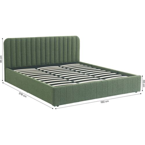 Lit Coffre Adulte 180x200 Cm Avec Tête De Lit Capitonnée En Tissu Bouclé Vert Kaki - Ava