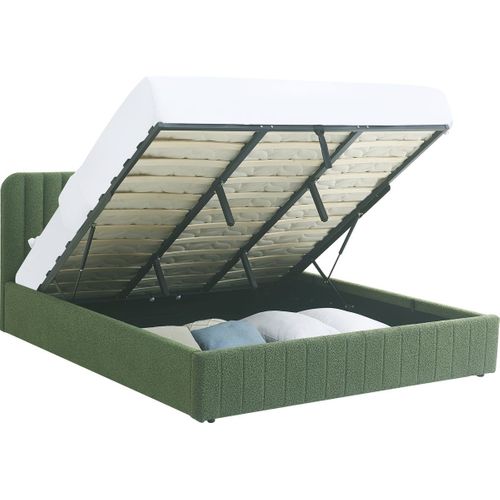 Lit Coffre Adulte 180x200 Cm Avec Tête De Lit Capitonnée En Tissu Bouclé Vert Kaki - Ava