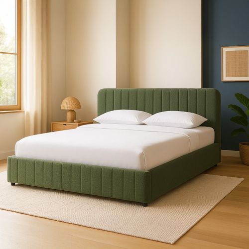 Lit Coffre Adulte 160x200 Cm Avec Tête De Lit Capitonnée En Tissu Bouclé Vert Kaki - Ava