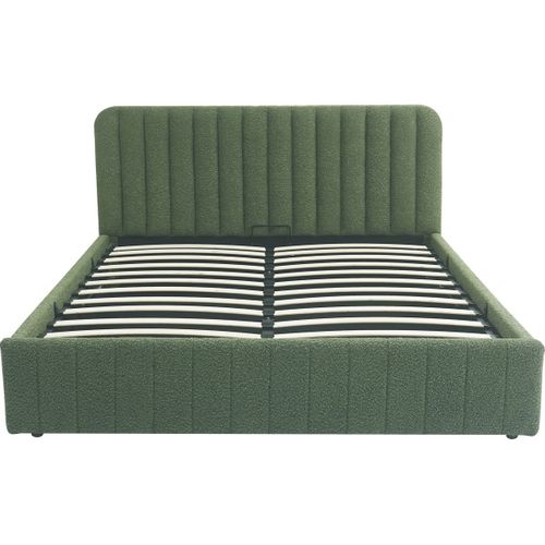 Lit Coffre Adulte 140x190 Cm Avec Tête De Lit Capitonnée En Tissu Bouclé Vert Kaki - Ava