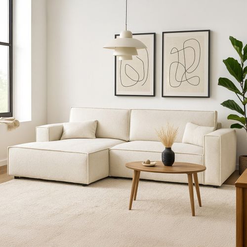 Canapé D'angle à Gauche Convertible 3 Places En Tissu Bouclé Beige - Asti