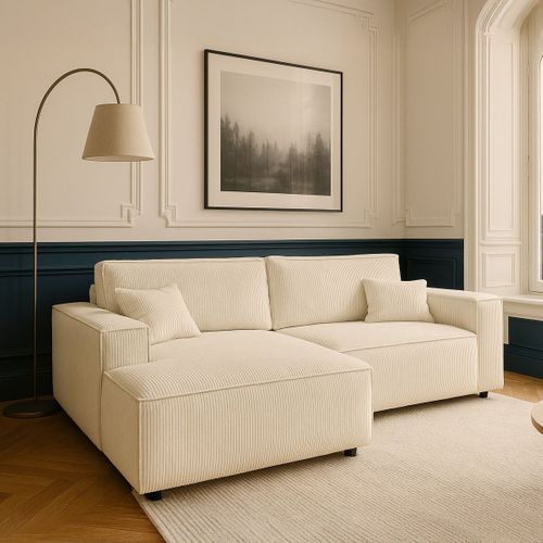 Canapé D'angle à Gauche Convertible 3 Places En Velours Côtelé Beige - Asti