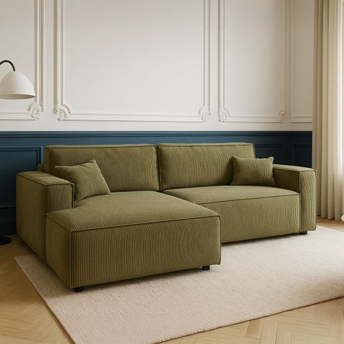 Canapé D'angle à Gauche Convertible 3 Places En Velours Côtelé Vert Kaki - Asti