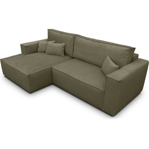 Canapé D'angle à Gauche Convertible 3 Places En Velours Côtelé Vert Kaki - Asti