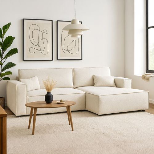 Canapé D'angle à Droite Convertible 3 Places En Tissu Bouclé Beige - Asti