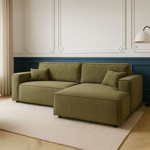 Canapé D'angle à Droite Convertible 3 Places En Velours Côtelé Vert Kaki - Asti